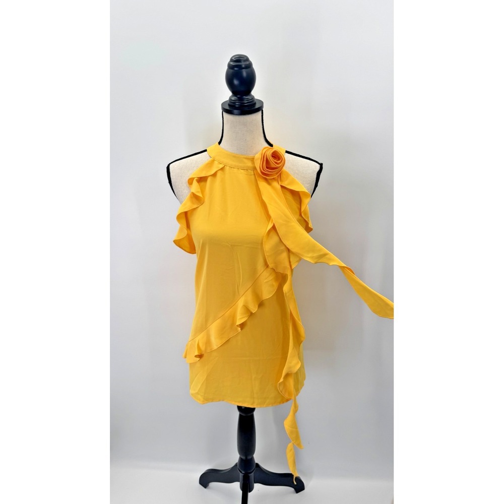 Cato Yellow Ruffled Frills Sleeveless Rosette Top XL Resortwear Tropical Boho - Picture 3 of 16